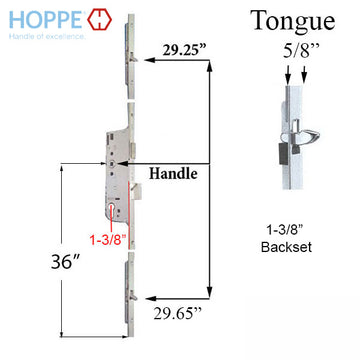 5/8" Faceplate, 1-3/8" Backset, Bottom Tongue @ 29.65", Top Tongue @ 29.25", 36" Handle Height